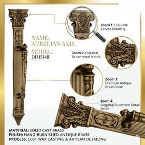 Poignée de porte d'entrée classique Aurelian Axis Grand | Poignée architecturale en laiton antique avec motifs de piliers sculptés pour portes de luxe - Product Image 2