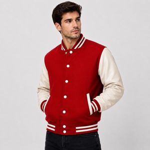 Blouson universitaire en laine rouge pour homme avec manches, col montant, logo frontal, coupe classique, fermeture boutonnée, tenue décontractée d'hiver - Product Image 4
