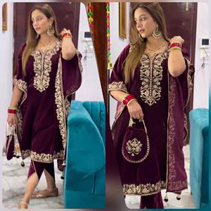 Ensemble Anarkali en velours de viscose pur et épais pour femme, couleur bordeaux, avec col brodé et bordure dorée, tenue traditionnelle indienne pour mariage, coupe classique - Product Image 4