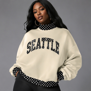 Sweat-shirt rose à pois à col montant pour femme, avec lettres arquées, épaules tombantes, style décontracté - Product Image 3