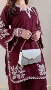 Women's Maroon Cotton Salwar Kameez Set With White Embroidery Traditional Indian Casual Wear Loose Fit <b>Ankle</b>-Length - Product Image 6