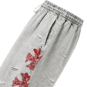 Men's Ripped Washed Denim Bermuda <b>Shorts</b> Elastic Waist <b>Wide</b> <b>Leg</b> Streetwear with Red Floral Side Print - Product Image 4