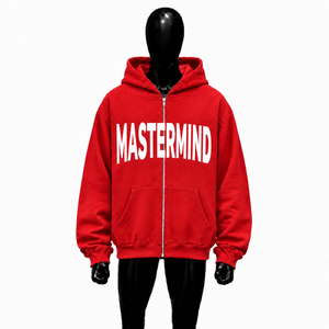 Sweat à capuche zippé surdimensionné rouge personnalisé pour homme, streetwear, imprimé graphique blanc, épaules tombantes, fermeture éclair intégrale, vêtement décontracté - Product Image 1