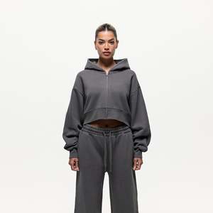 Sudadera Corta con Capucha Oversize para Mujer, Estampado Frontal, Color Sólido, Hombros Caídos, Manga Larga, Forro Polar, Ropa Casual de Otoño-Invierno - Product Image 1