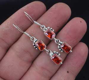 Boucles d'oreilles pendantes en argent avec zircon orange et quartz, faites à la main, bijoux élégants, cadeau pour filles et femmes - Product Image 6