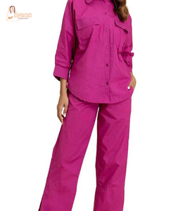 Women 2 Piece Co Ord <b>Set</b> Solid Color Oxford Fabric Long Sleeve Turn Down Collar Casual Full Length Pants Top <b>Set</b> - Product Image 2