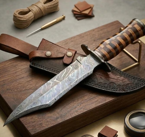 Couteau de survie à lame fixe en acier Damas fait main, manche en bois, étui en cuir, qualité industrielle OEM, personnalisable, objet de collection, pour présentation - Product Image 1