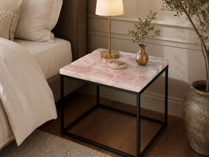 <strong>Square</strong> Rose Quartz Marble Side Table With Black Metal <strong>Frame</strong> Contemporary Bedroom Decor Indoor Use Durable Design - Product Image 2