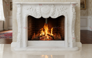 Cheminée en marbre blanc, cadre moderne classique, support en pilier, autoportante, taille personnalisée, salon, fabrication artisanale, garantie 5 ans - Product Image 2