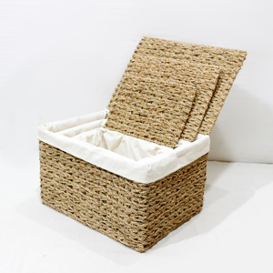 Eco-friendly Seagrass <b>Storage</b> <b>Baskets</b> with Lid Set of 3 <b>Rectangular</b> Cotton Lined Organizers for Living Room Rustic Style - Product Image 3