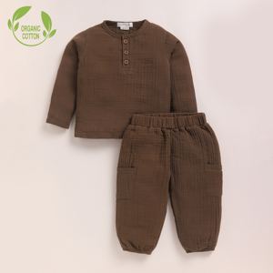 Organic Muslin Long Sleeve Henley Tshirt with Lounge Pant Set Premium Quality Cocoa Whisper Baby Clothing - Product Image 1