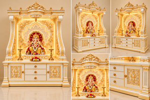 หิ้งพระพุทธรูปพระไกปุษณีสีขาวทองทันสมัยสำหรับห้องบูชา ซื้อหิ้งพระพุทธรูปฮินดูสีขาวทองขนาดใหญ่พร้อมลวดลายแกะสลักอย่างประณีตสำหรับสหรัฐอเมริกา - Product Image 6