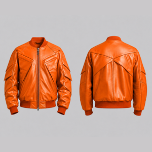 Veste décontractée pour homme en cuir véritable, coupe ajustée, logo sur le devant, couleur unie, avec poches, pour l'automne - Product Image 5