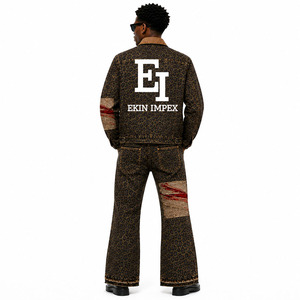 Custom Logo Luxury Designer Men Leopard Print Tracksuit Set | Premium Brand Embroidery <b>Zip</b>-<b>Up</b> <b>Jacket</b> & Flared Jeans - Product Image 4