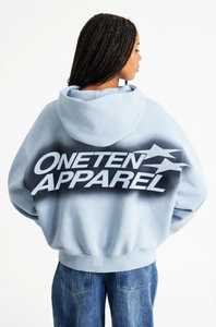 ONETEN APPARELS <b>Women's</b> Light <b>Blue</b> Hooded Zip-Up Drop Shoulder Back Print <b>Fleece</b> Sweatshirt - Product Image 1