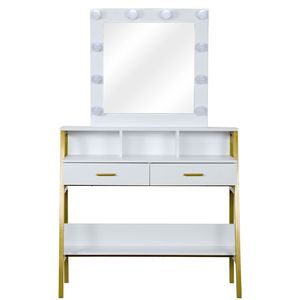 Tavolo da Trucco Illuminato a LED con 2 Ripiani Portaoggetti, Scrivania in Legno per Camera da Letto - Product Image 1