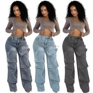 กางเกงยีนส์ผู้หญิงขายส่งชุดทำงานผ้ายีนส์ผู้หญิงกางเกงขาบานหลายกระเป๋ากางเกงยีนส์ซิปหลวมย้อนยุคจากผู้ผลิต - Product Image 6