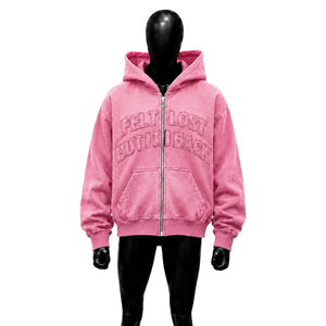 Sweat à capuche rose vintage délavé avec fermeture éclair, motif brodé « Feel Lost But Im Back », coupe oversize, style streetwear décontracté - Product Image 1