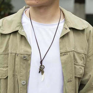Vintage Alloy Wolf Fang Pendant Necklace 18K Gold Plated XL Adjustable Leather Cord for Men - Product Image 6