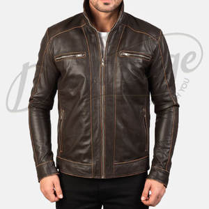 Chaqueta de Cuero Verde Esmeralda para Hombre, Corte Ajustado, Piel de Oveja Auténtica, Estilo Motero, Cuello Mao, para Otoño e Invierno - Product Image 3
