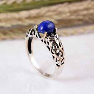 Handmade 925 Sterling <b>Silver</b> Blue Lapis Lazuli Bezel Setting Vintage Boho Leaf Filigree Wedding Party <b>Statement</b> <b>Ring</b> - Product Image 4