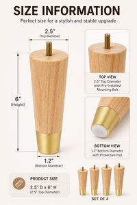 Pieds de canapé modernes en bois robuste avec embouts en laiton, pour remplacement, chambre, cuisine, hôtel, extérieur, atelier, usage DIY - Product Image 2