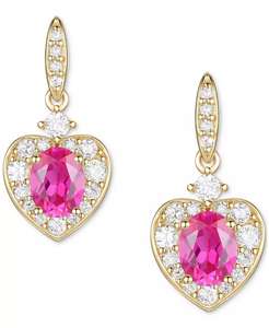 Rubis cultivé en laboratoire (5/8 ct. T. W.) & Saphir blanc cultivé en laboratoire (1/3 ct. T. W.) Boucles d'oreilles pendantes Halo en forme de cœur en plaqué or 14 carats - Product Image 1