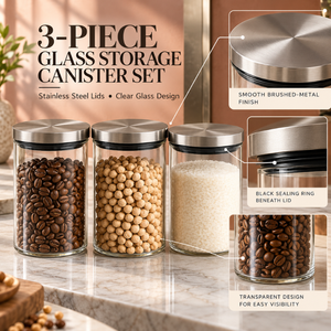 Clear Glass Storage <b>Canister</b> <b>Set</b> with Stainless Steel Lids and Sealing Rings | Modern Kitchen Pantry Organizer for Food Storage - Product Image 5