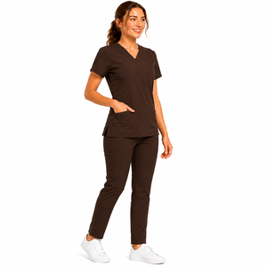 Brown Women's <b>Scrub</b> <b>Set</b> With Pockets Elastic Waist Mid Rise Casual Fit Breathable Polyester Pants And Top Spring Wear - Product Image 4