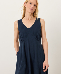 Robe longue sans manches col en V pour femme, coupe trapèze, couleur unie, en coton, ample, respirante, en tissu tissé, robe de soirée - Product Image 2