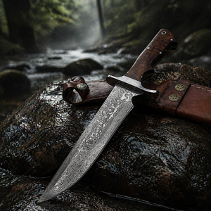 Couteau Bowie de camping artisanal personnalisé en acier Damas avec manche en bois et étui en cuir 15 pouces, OEM disponible - Product Image 4