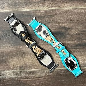 Correa de Reloj de Cuero Genuino Turquesa a Bajo Precio con Incrustaciones de Pelo de Vaca y Patrón Floral para Reemplazo de Correa de Reloj Inteligente - Product Image 5