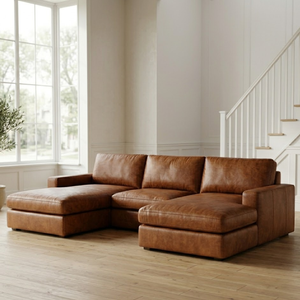 Luxury Cognac Leather <b>U</b> Shape Sectional Sofa Mid Century Modern Design with Dual Chaise Lounges <b>Living</b> Room Furniture - Product Image 1
