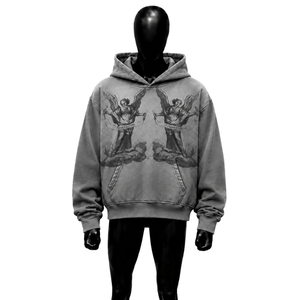 Sweat-shirt à capuche graphique Grey Angel, imprimé chérubin ailé gothique vintage, coupe oversize, streetwear unisexe, effet délavé - Product Image 1