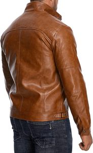 Men Brown PU Leather Moto <b>Biker</b> <b>Jacket</b> Zipper Front Stand Collar Regular Sleeve Solid Color Autumn Style OEM Service Knitted - Product Image 3