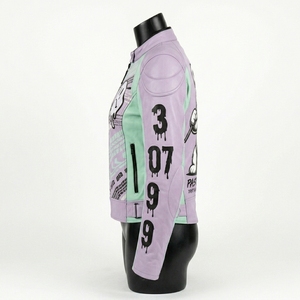 Women Pastel Goth Drift Racing Leather Jacket <b>Purple</b> Mint Green Crying Face Evil Bear Biker Outerwear - Product Image 4