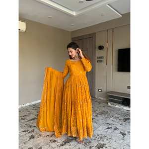 Ensemble de costume en georgette brodée moutarde pour femme TD-1156 - Product Image 1