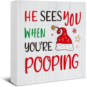 Funny Christmas Bathroom Decor Wooden <b>Wall</b> Sign Home Decor <b>Desk</b>-He Sees You You're Pooping for Christmas Season - Product Image 2