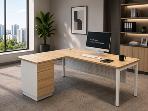 Escritorio de Oficina Moderno en Forma de L con Pedestal de 3 Cajones, Superficie de Madera, Patas de Metal, Diseño Minimalista, Muebles Duraderos para Oficina en Casa, AY Office - Product Image 1