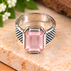 Bague en argent sterling avec quartz rose, pierre précieuse rose taille émeraude, bague pour homme, bijou vintage gravé en argent - Product Image 4