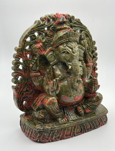 Statue en pierre sculptée à la main du Dieu Ganesha, finition antique verte et rouge, idole décorative du dieu hindou pour la maison, le temple ou comme cadeau - Product Image 2