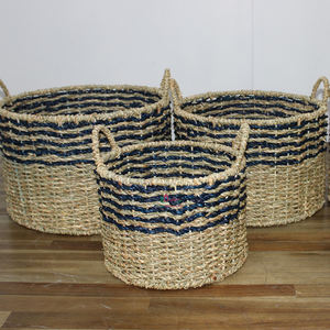 Handwoven Nautical Striped Round <b>Seagrass</b> <b>Baskets</b> With Handles For Home Organization & <b>Laundry</b> Use - Product Image 1