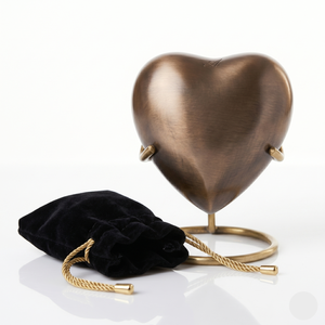 Mini Heart Shaped Keepsake Urn <b>for</b> Human and Pet <b>Ashes</b> | Bronze Finish Metal Memorial Urn <b>Box</b> with Display Stand and Pouch - Product Image 2