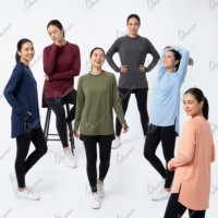 Camiseta Deportiva de Manga Larga para Mujer, Estilo Islámico, Modesto, Transpirable, de Secado Rápido, 100% Poliéster, Corte Holgado, Dobladillo Alto-Bajo, con Bordado para Yoga