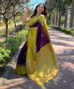 Sari de seda verde claro y morado, estilo tradicional indio para bodas, estilo Banarasi con borde estampado, largo hasta el suelo, para mujer. - Product Image 4