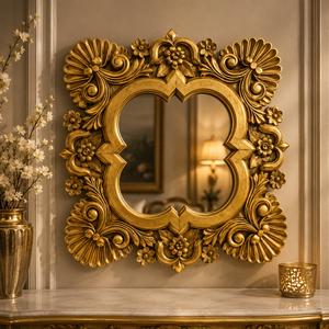 Miroir mural ovale en bois sculpté à la main Premium Bloom, finition or antique, décoratif et orné, accent de luxe pour la maison - Product Image 4