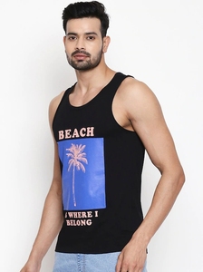 เสื้อกล้ามสีดำสำหรับผู้ชาย พิมพ์ลายต้นปาล์มชายหาด ลำลอง แขนกุด คอกลม ผ้าฝ้ายระบายอากาศได้ดี - Product Image 4