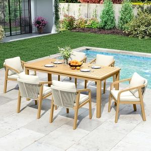 Ensemble de salle à manger d'extérieur de luxe en teck massif avec fauteuils en corde pour villa, complexe hôtelier, bord de piscine et jardin - Product Image 1