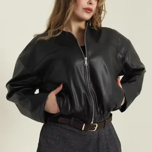 แจ็คเก็ตหนังแท้สไตล์ใหม่สำหรับผู้หญิง แจ็คเก็ตไบค์เกอร์ลำลองแบบมีซิป เสื้อโค้ทหนังสำหรับผู้หญิง - Product Image 1