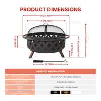 Brasero extérieur 36 pouces en treillis croisé, à bois, avec écran anti-étincelles et pioche, pour terrasse et jardin FP002